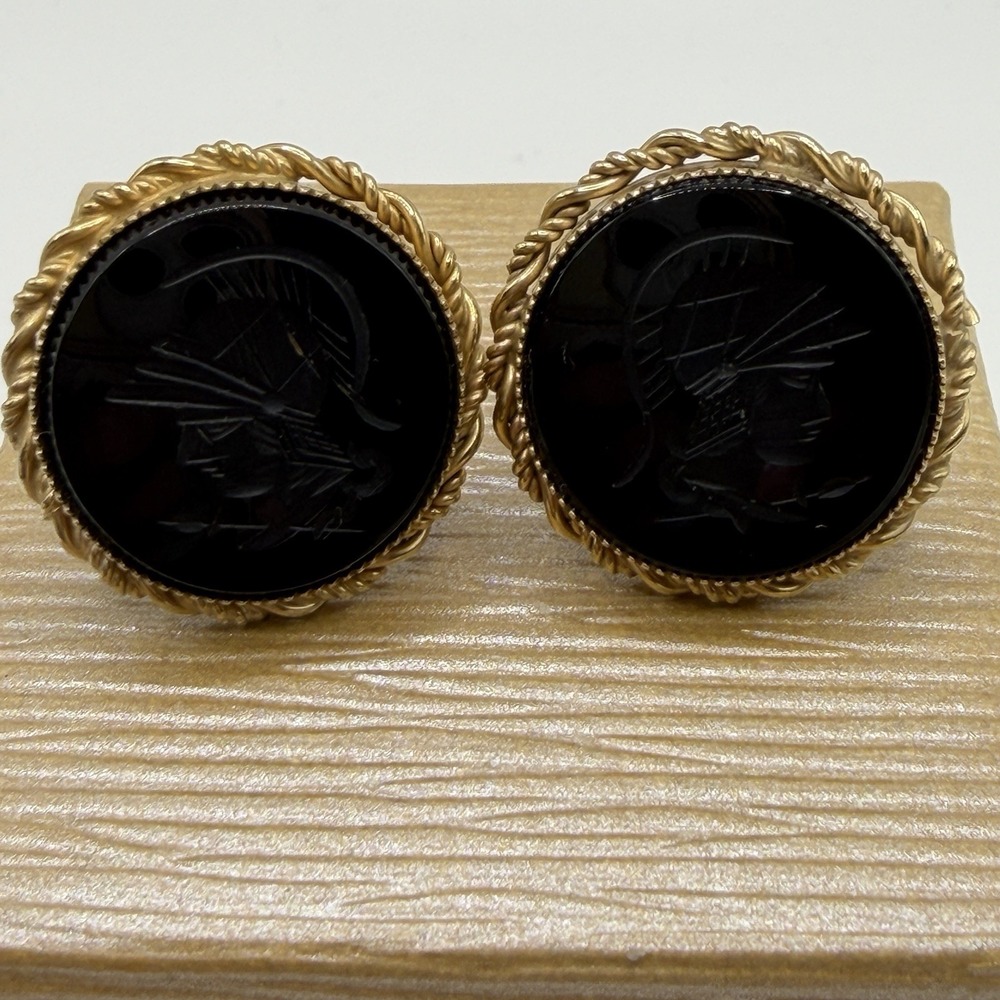 P.R.K. 12kt Gold Filled Roman Centurion Black Intaglio Cufflinks Mens Formal